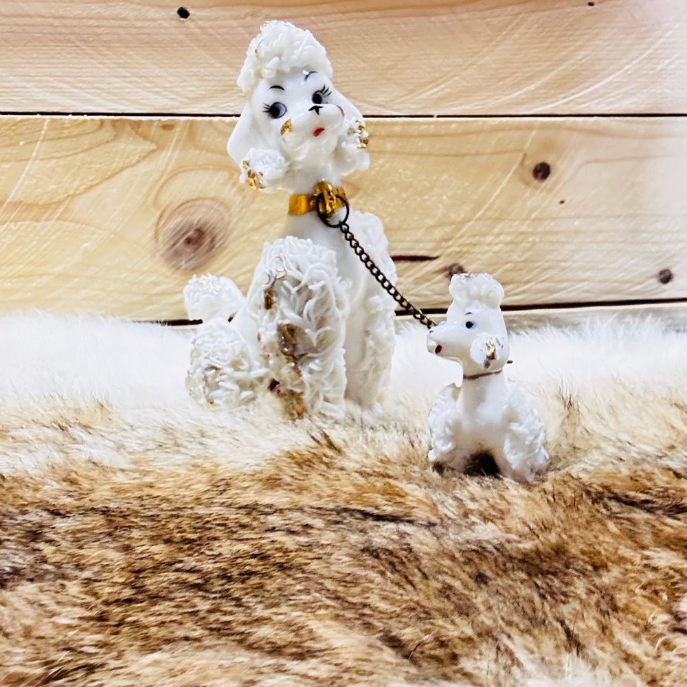 Lefton White and Gold Poodle Figurines